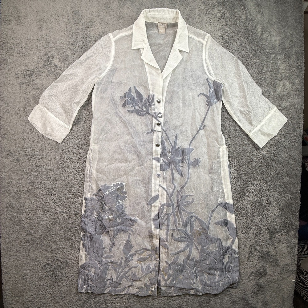 Chicos Gray White Travelers Button Novelty Jacquard Duster Jacket 8/10 Floral